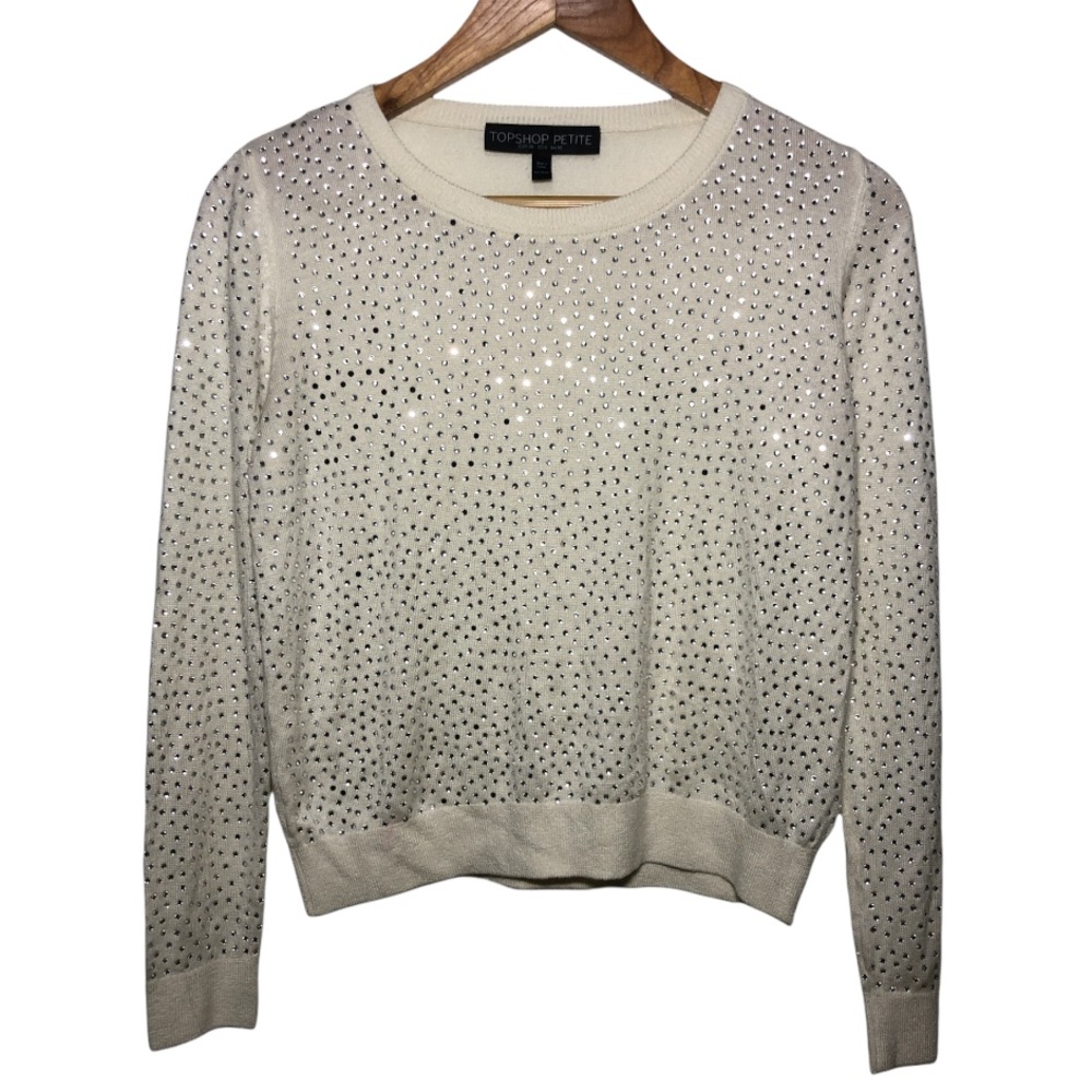 Top Shop Ivory Beige Faux Rhinestones Sweater 6 FLAWED